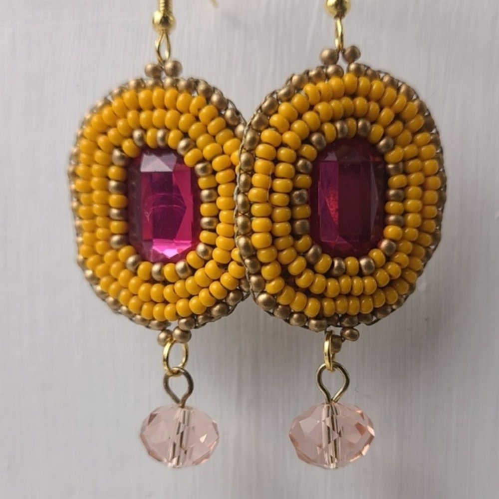 Pink And Orange Dangle Bohemian Beaded Rhinesto Earrings